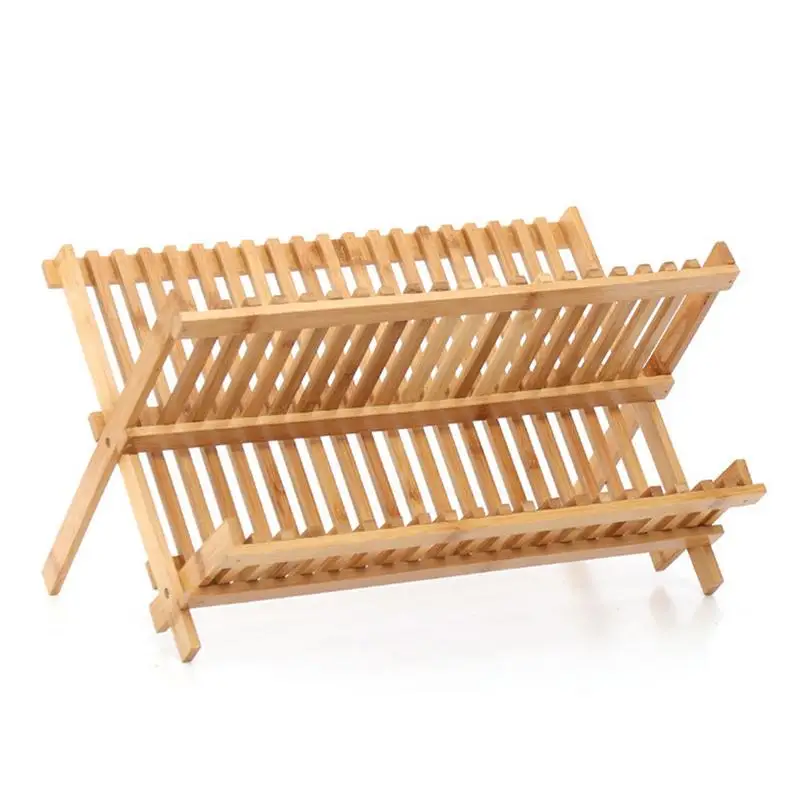 

2 Tier wooden Collapsible Dish Drying Rack With Drainboard And Utensil Holder For Kitchen Counter Dishes Knives Spoons And Forks