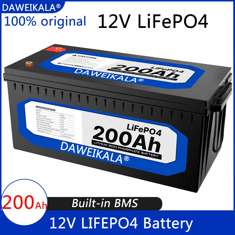 

12V 200Ah Lithium Iron Phosphate Battery LiFePO4 Built-in BMS LiFePO4 Battery for Solar Power System RV House Trolling Motor