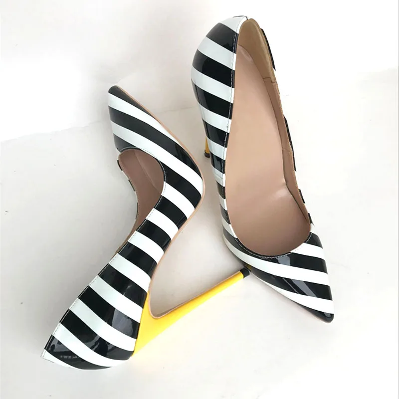 

Sexy Black and White Stripe Patent Leather Pumps Women Low Cut Striped Yellow High Heels Stilettos Pointed toe Party Shoes