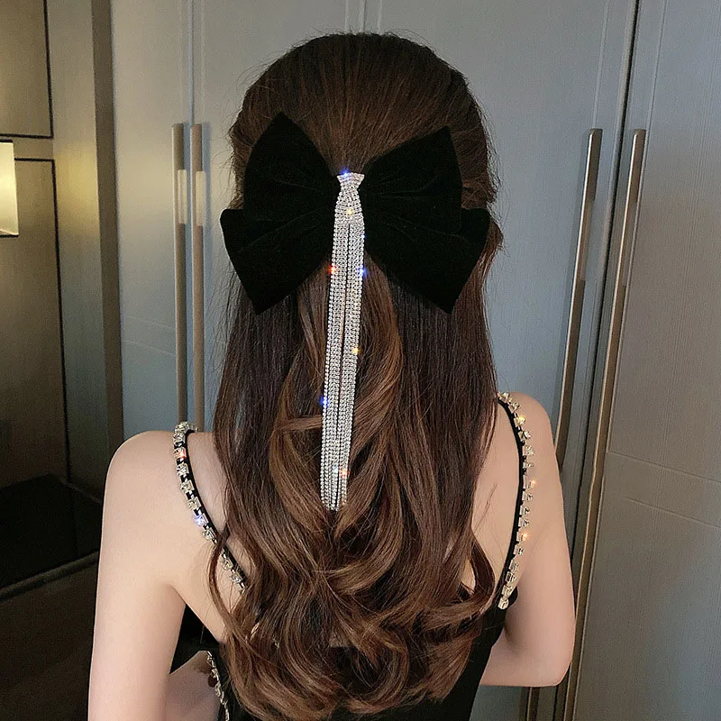 New Velour grace Bow Hairpin Crystal Fringe Tassel Hair Clip Women Ponytail Rhinestone Beading Hair Accessories Gifts Heawear new various colors fashion rose personality grace large geometric shark clip hair catching clip headdress hair accessories women