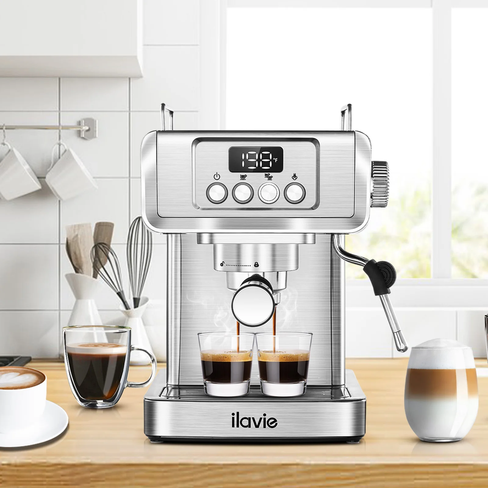 ilavie Espresso Coffee Maker Machine 20Bar Brushed Stainless Steel Professional Express Coffee Machines with Steam Milk Frother