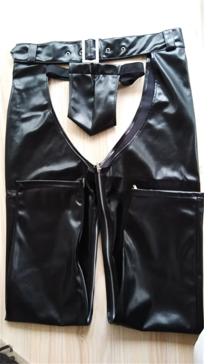 Men Trousers Leather Pants Cowboy Chaps Thongs Sleeves Backless Moto Cool Outfits Stripper Adult