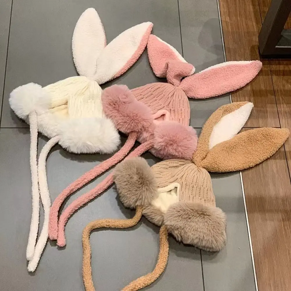 

Women Knitted Korean Style Fleece Rabbit Ears Earmuff Caps Thicken Warm Hats Windbreaker