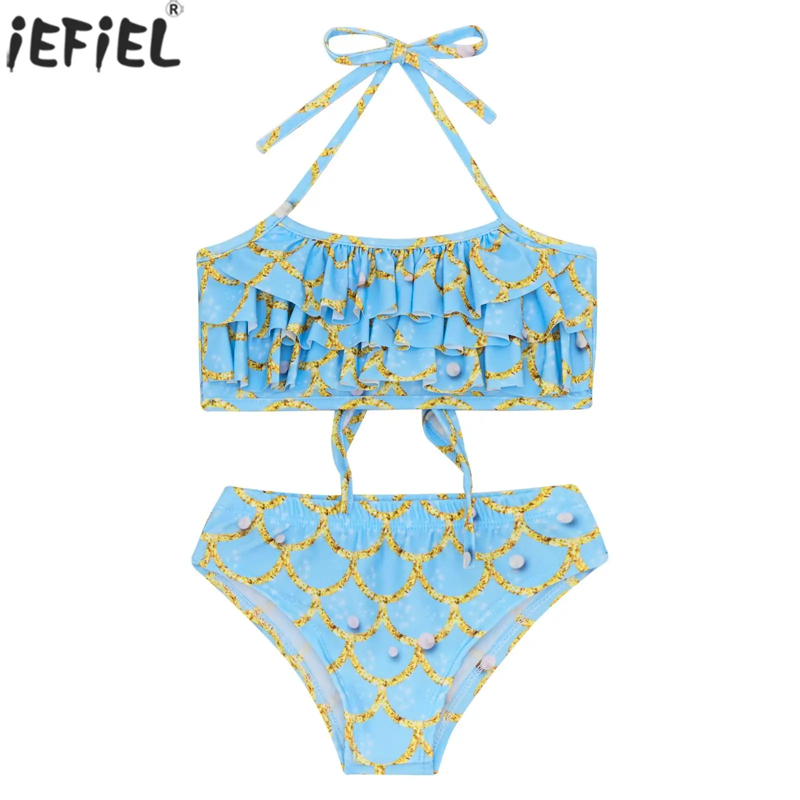 

Kids Girls Mermaid Swimsuit Fish Scales Print Halter Ruffle Frilly Top with Swim Bottom Pool Swimwear Beachwear Bathing Suit