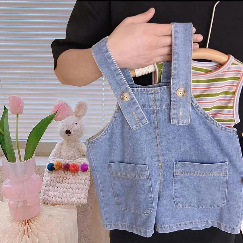 Kids Outfits 1-7T Cute Baby Denim Jumpsuit Boy Girl Sleeveless Bunny Tail Suspender Pant Pocket Romper Outfits Adjustable Jeans Kids Overalls