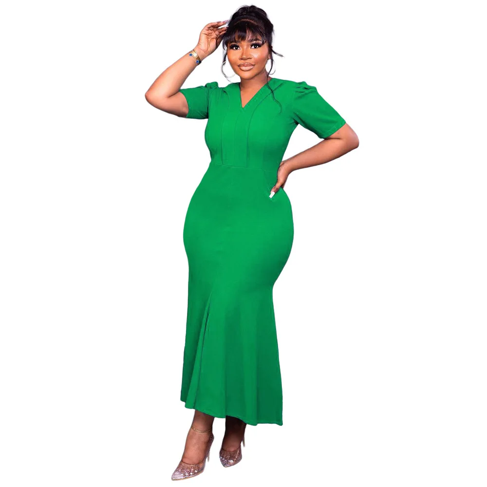 

African Mermaid Dress Women V Neck Slim Robes Summer New Fashion Solid Elegant Chic Office Lady Long African Maxi Dress Vestidos