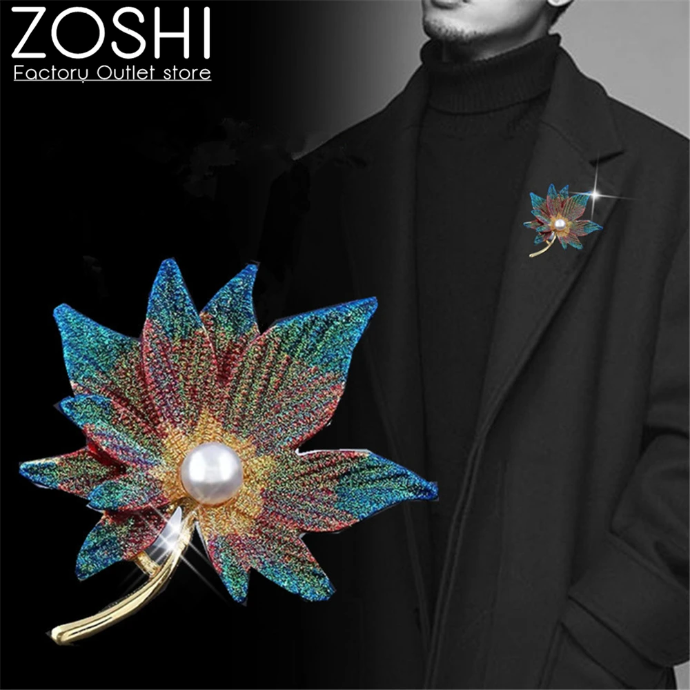 

Men's Fashion Blue Gold Color Maple Leaf Brooches Pin For Women Double Layer Leaf Badges Lapel Pin Imitation Pearl Brooch Pins
