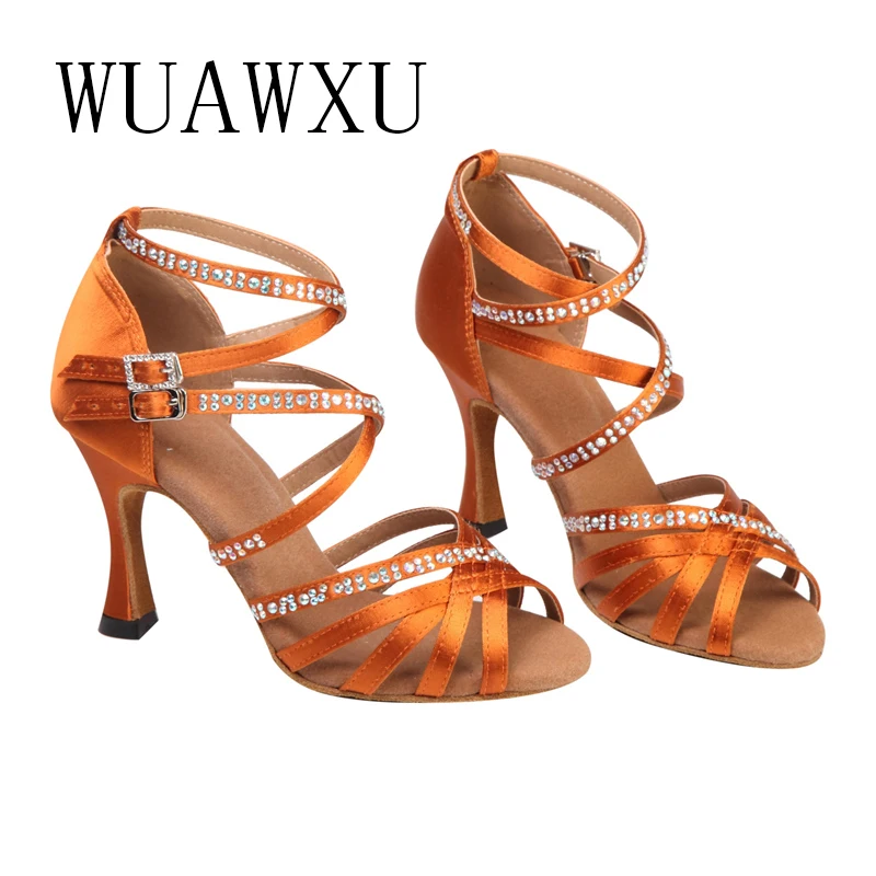 NATASHA 2023 New Latin Dance Shoes Inlaid with Diamond Satin Blue 9cm High Heel Female Adult Soft Sole Social Dance Cha Rumba De