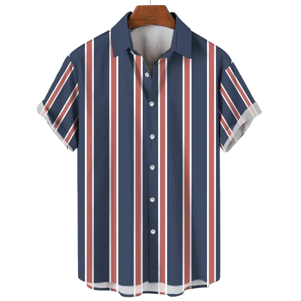 

Men's Summer Stripes Casual Shirt Hawaiian Print Short Sleeve Beachwear Vacation Fashion Social Lapel Button Oversized Clothing