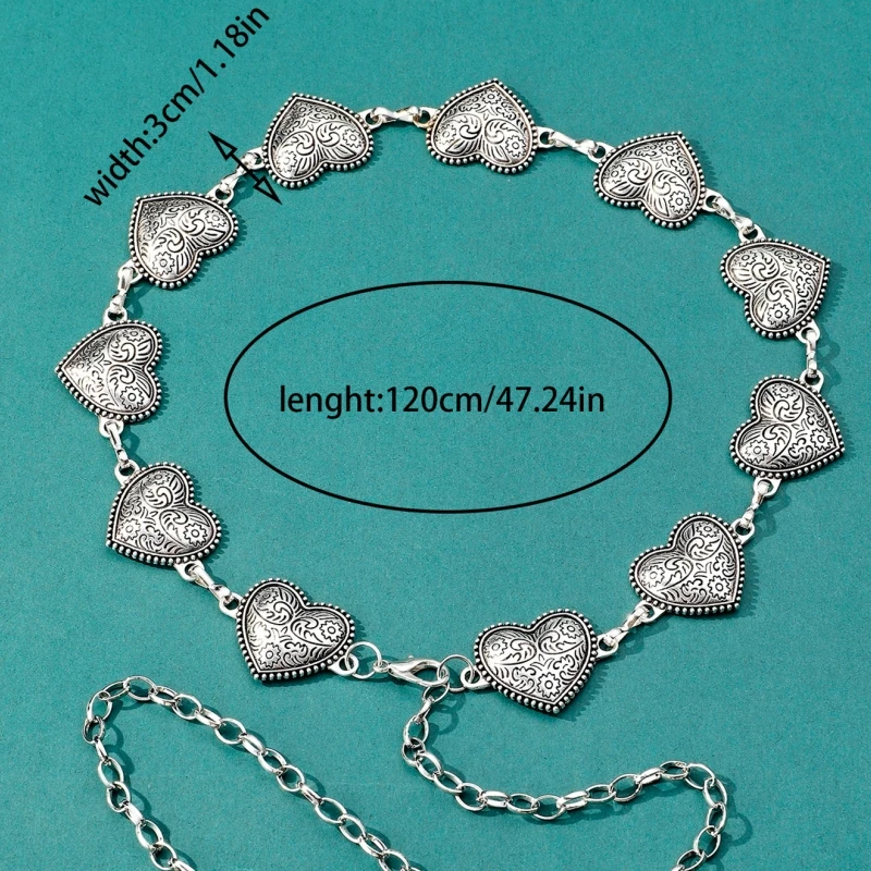 Cinturón de cadena de oro vintage para mujer, cinturón de metal con corazón, cinturones punk góticos para mujer, cinturón fino plateado para pantalón Harajuku._voghion.com