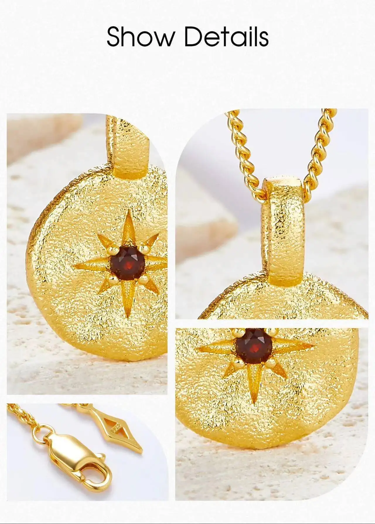 Silver Natural Garnet Star Gold Plated Disc Pendant Necklace