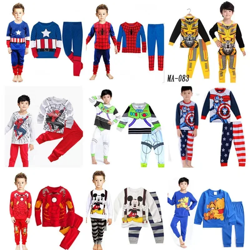 Пижамный комплект с длинным рукавом для мальчиков, женская одежда для сна для девочек, пижама для малышей с Микки Маусом, детская одежда Человека-паука, детская одежда