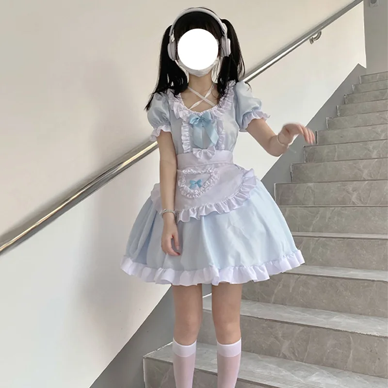 Soft Girl Lolita Dress Anime Blue Maid Dress Japan Lolita Clothing Maid Skirt Women's Big Size School Sweet