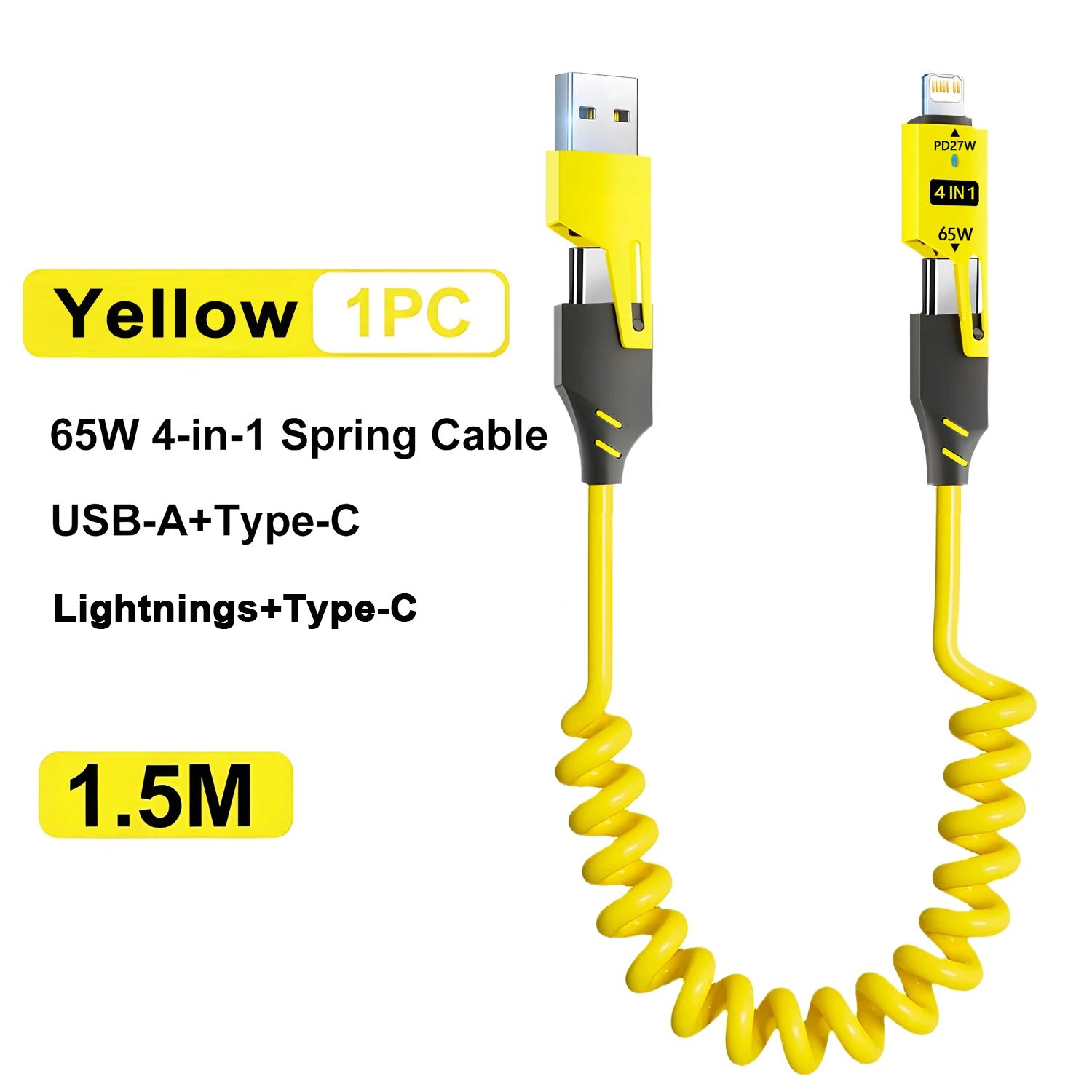 4-in-1 코일형 USB C 케이블 65W 고속 충전 PD 27W USB C to L/타입 C/USB A 케이블 충전기 (아이폰15 14 13 12 /아이패드 안드로이드용)