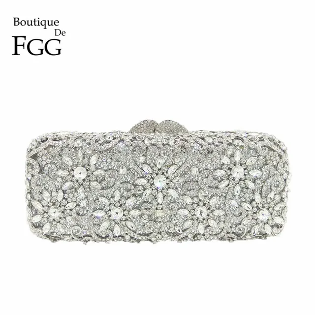 Boutique De FGG Dazzling Flower Women Silver Crystal Clutch Purses and Handbags Ladies Evening Bags Wedding Party Minaudiere Bag 1