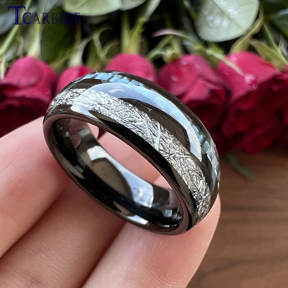 MJ Metals 8mm Tungsten Carbide Wedding Ring - Polished Or Black With Blue Carbon Fiber Inlay, Comfort Fit - View #5