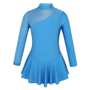 GirlsLong Sleeves Gymnastic Figure Ice Skating Dress Rhinestone Mesh Tulle Splice Leotard Dress Ballroom Ballet Dance Clothes