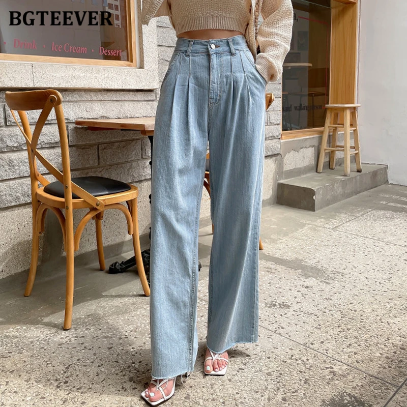 

BGTEEVER Casual High Waist Ladies Wide Leg Jeans Trousers Autumn Stylish Loose Pockets Ruched Women Denim Pants