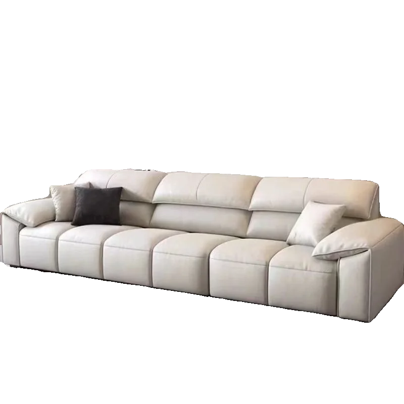 

Italian leather sofa top layer cowhide modern simple living room elephant ear tofu block straight row black leather sofa