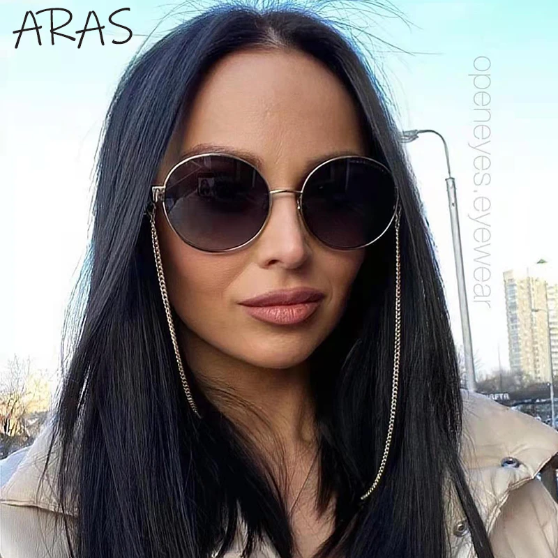 Gafas de sol redondas de gran tamaño con cadena para mujer, lentes sol femeninas de marca de lujo, elegantes, a la con montura de Metal, color negro, 2022|Gafas de sol