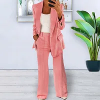 Women’s Sets Two 2 Pieces Sale Casual Pocket Single Button Blazer Jackets& High Elastic Waist OL Workwear Wide Leg Pant Suits