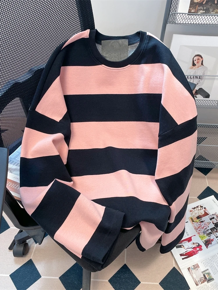 

Pink Black Contrasting Colors Stripe Hoodies Women Spring Patchwork Loose Long Sleeves T-shirt Fashion Undershirt Tops