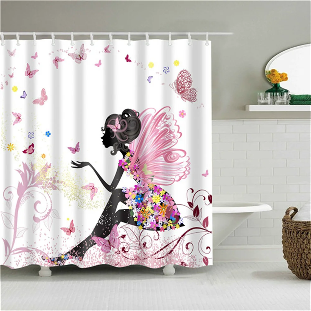 

Pink Flower Wing Butterfly Girls Shower Curtains Bath Curtain Fabric Waterproof Polyester for Bath Decor Bath Curtain with Hooks