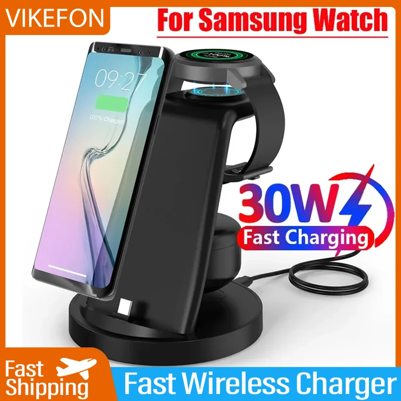 VIKEFON 고속 무선 충전기, 삼성 갤럭시 S23 S22 울트라 워치 5 프로 액티브 1 2 버즈 2 프로/프로 충전 스테이션, 3 인 1, 30W
