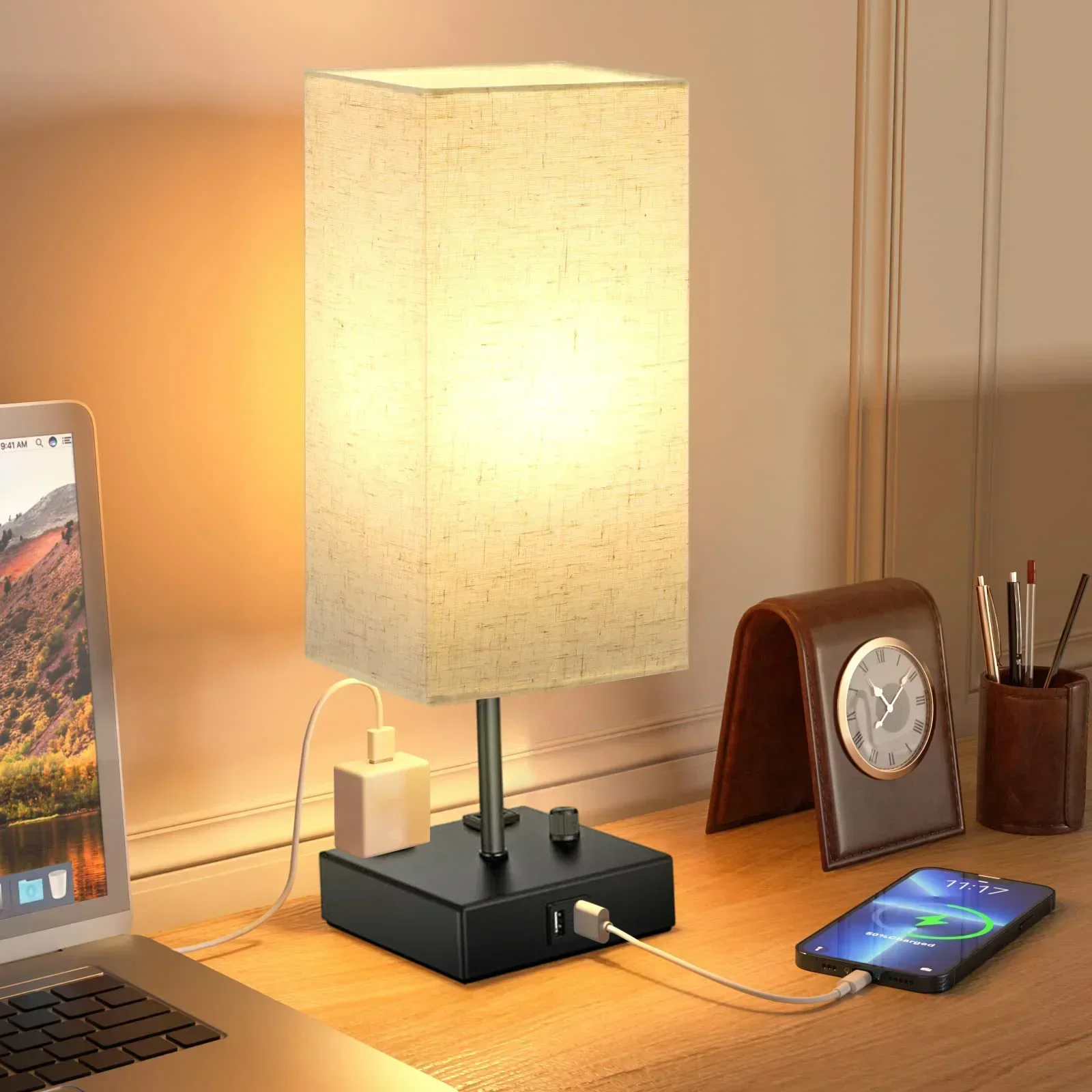 

Bedside Lamp with Double USB Ports and AC Outlet 3 Lighting Modes Rotate button with Flaxen Fabric Shade for Bedroom Living Room