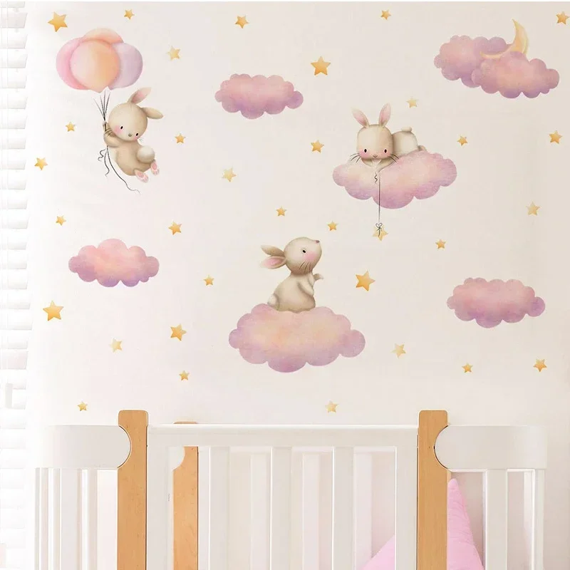 Kawaii Cartoon Bunny Pink Clouds Stars Watercolor Children Stickers Vinyl Nursery Wall Decals Kids Girls Baby Room Home Decor wall stickers vinyl decal stickers children room decoration