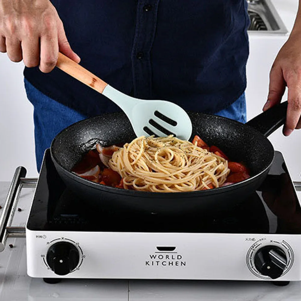 New Silicone Cooking Utensils Set Non-Stick Kitchenware Spatula Shovel Wooden Handle Cooking Tools Set Kitchen Tool Accessories