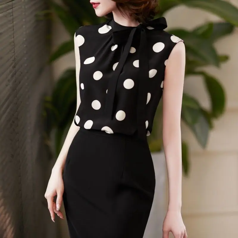 Black Polka Dot Vest Tops Ladies Summer New Sleeveless Bow Loose Shirts Temperament Elegant Women Clothing