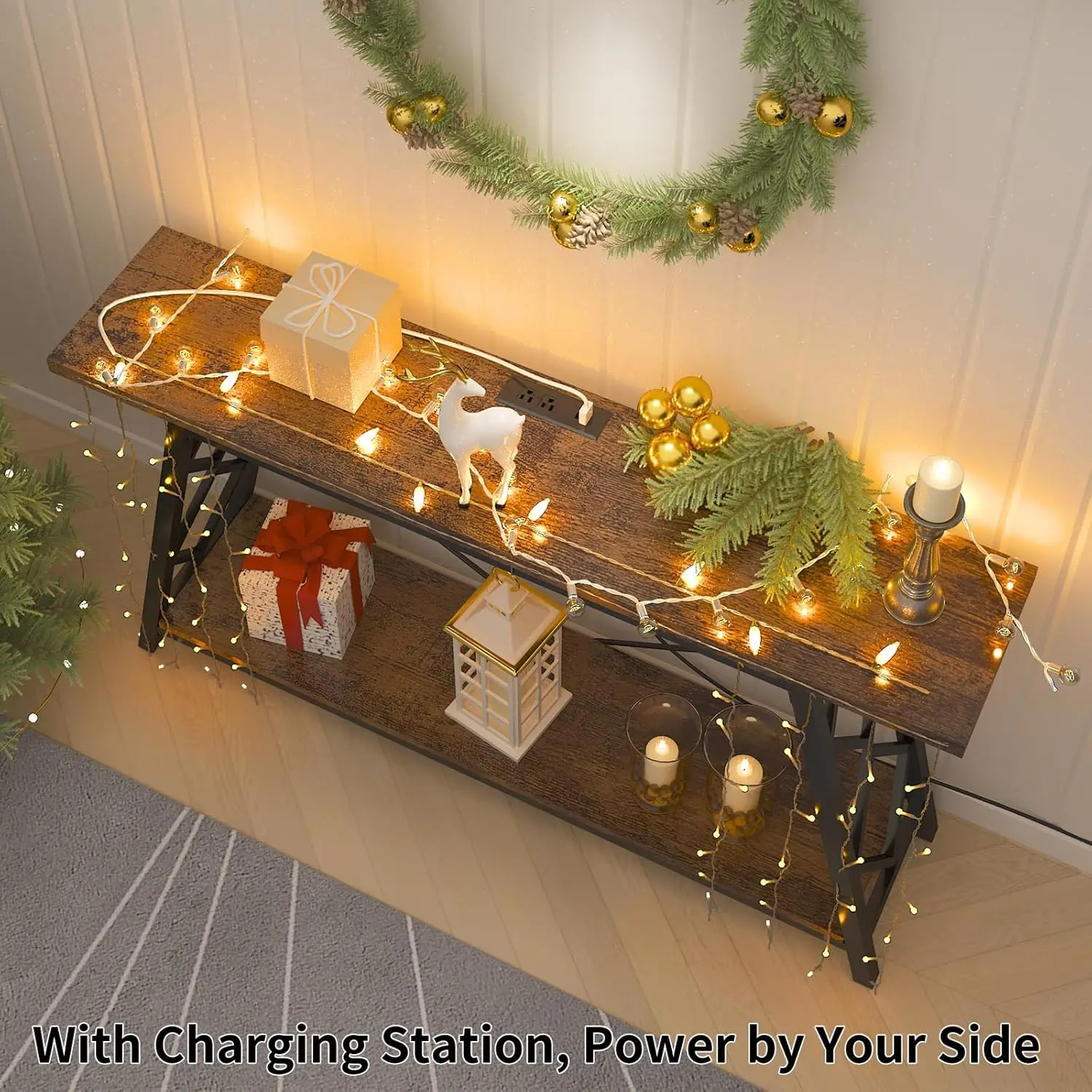 Console with Charging Station 55" Narrow Long Sofa Entryway with Storage Behind Sofa Consoles Table