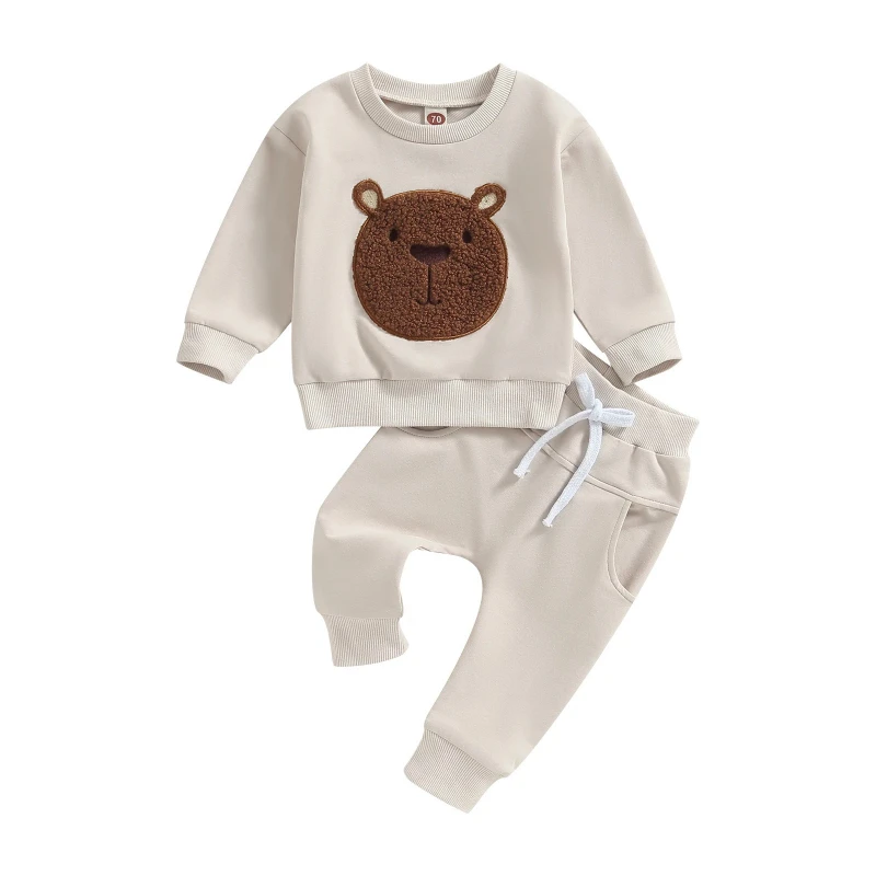 Unisex Baby Autumn/Winter Warm 2-Piece Set: Cute Bear Pattern Top & Drawstring Pants Stylish Casual Outfit for Boys & Girls 2