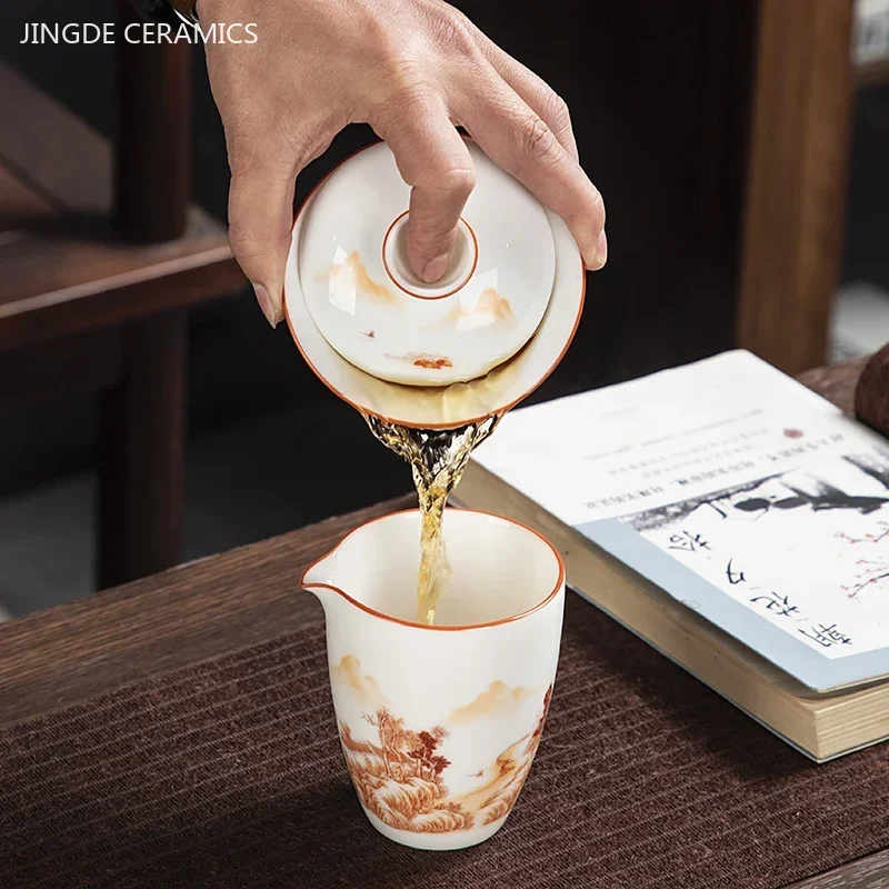 White Fat Jade Ceramic Teacup Sancai Gaiwan with Lid Tea Infuser Chinese Porcelain Tea Set Handmade White Porcelain Teabowl