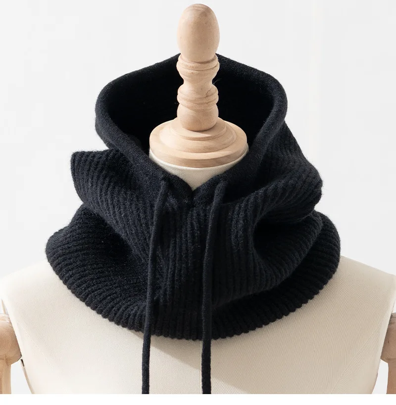 Knitted Hooded Scarf Cap Spring Winter Neck Collar Cap Unisex Head Beanie Men&Women Solid Adjustable Elastic Hat Balaclava skully with brim