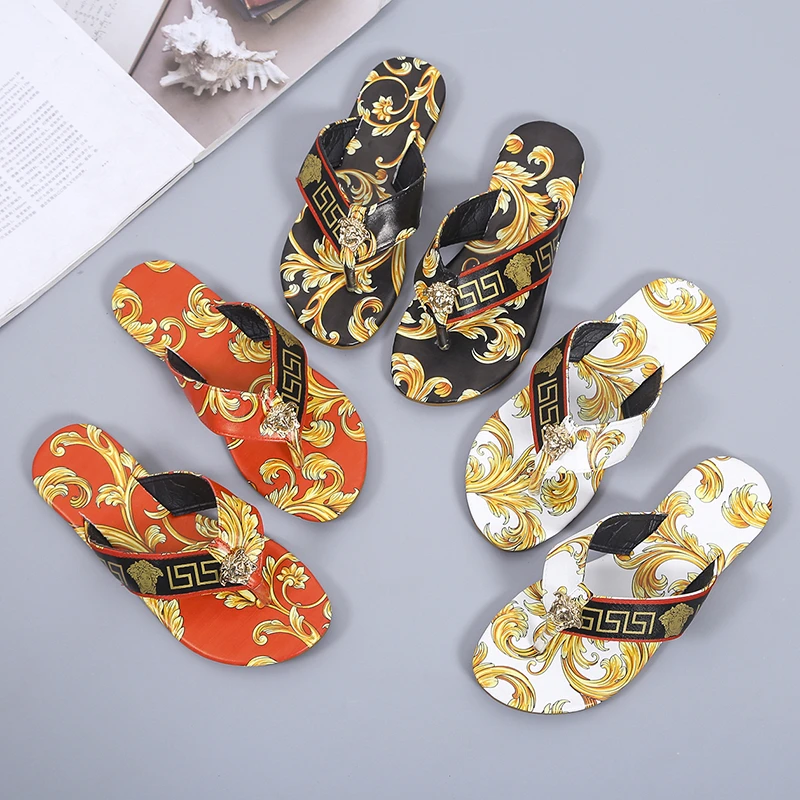2022 Summer New Slippers Women's Fashion Large Size Printing Casual Flip-flops British Style Outer Wear Flat Beach Sandals