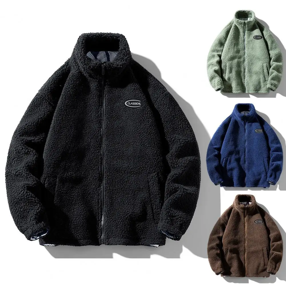 

Men Winter Fleece Jackets Stand Collar Streetwear Loose Lamb Coat Vintage Warm Thick Outwear