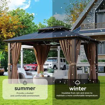 10\'x12\' Hardtop Gazebo Aluminum Frame Permanent Pavilion with Curtains and Netting Outdoor Polycarbonate Gazebo 6