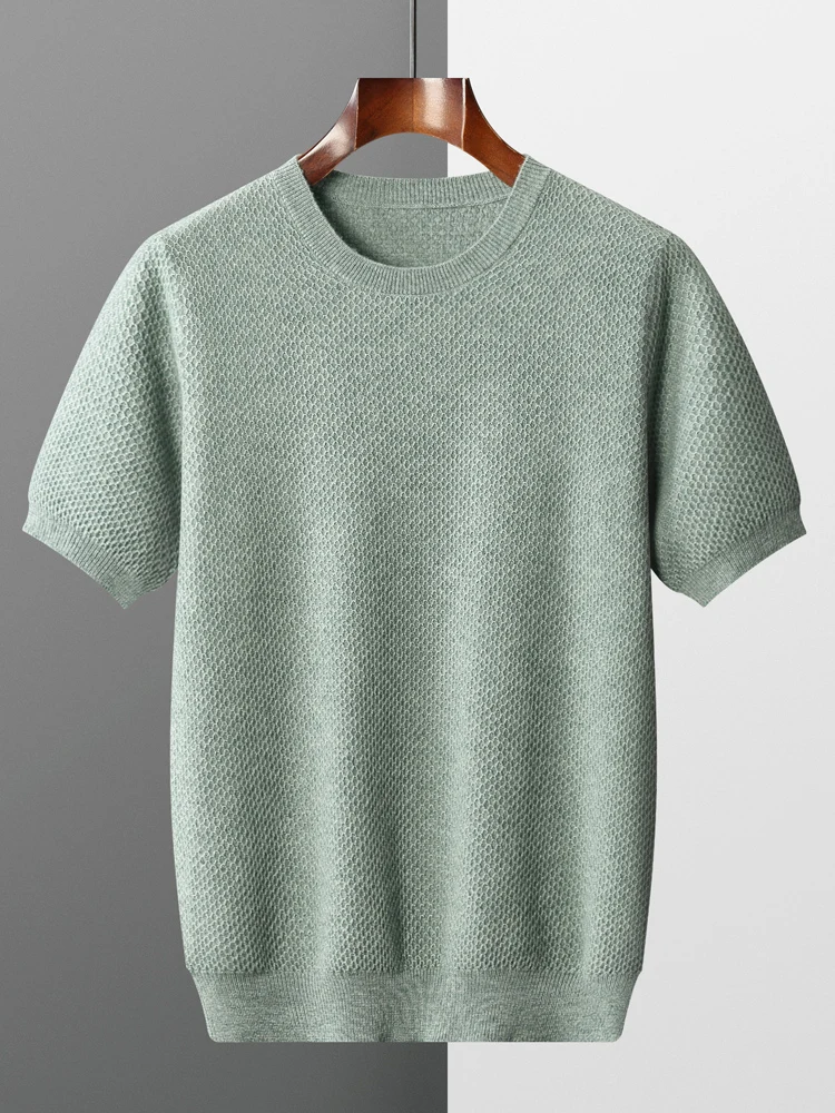 Men's Wool T-shirt Short Sleeve Spring Summer O-neck Pullover Merino Wool Knitwear Casual Cashmere Jacquard