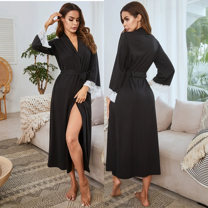 

Women Long Sleeve Lace Sexy V Neck Robe Kimono Solid Color Sleepdress Cardigan Bathrobe Home Dress Nightgown لانجري اغراء