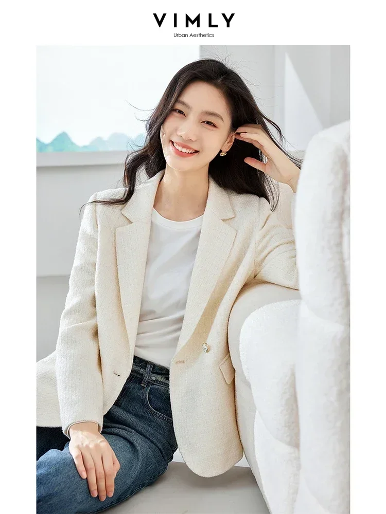 Vimly Apricot Tweed Blazers Spring Jacket Woman 2024 Elegant Outerwear Notched Double Breasted Long Sleeve Female Coat M2921