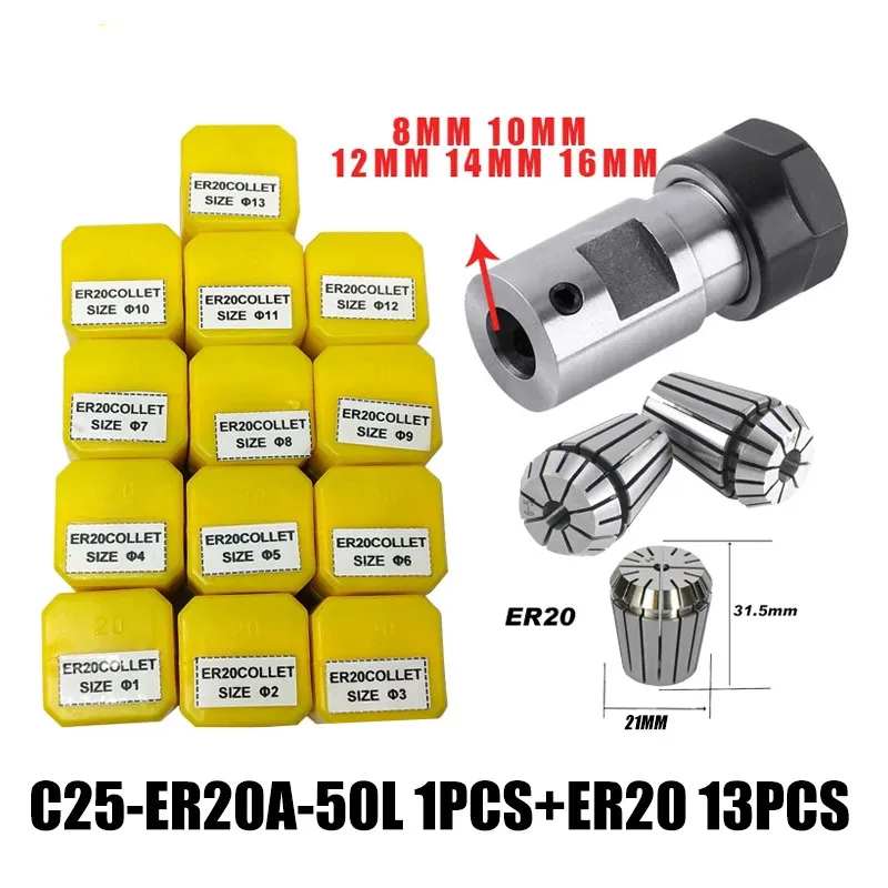ER16Spring Collet 10PCS C20 ER16 Collet Chuck Motor Shaft Extension Rod Spindle Lathe Tools Holder Inner 5MM 6MM 8MM 10MM