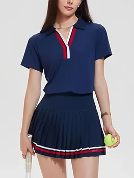 VITALINOVO Women 2 Pieces Athletic Skirt Set Outfits V Neck Polo Shirts High Waisted Pleated Tennis Skirts Golf Pickball Dress
