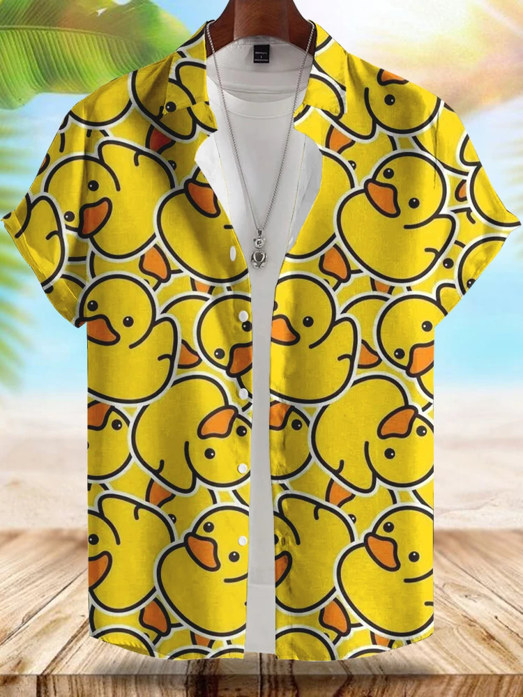 2024 Hawaii New Men's Short-sleeved Shirt Fashionable Yellow Duck Print Men's Casual Shirt Summer Street Daily Men's Shirt 2