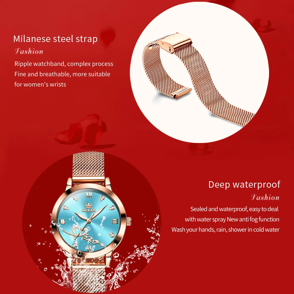 OLEVS 5530 Luxury Love Heart Diamond Ladies Watches Stainless Steel Mesh Strap Waterproof Quartz Wristwatch for Women Gift 5