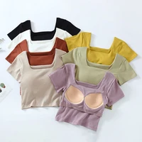 Women's Short Sleeve Tank Tops With Chest Pad Summer One Piece Casual Square Neck Crop Top With Built In Bra - Image 6