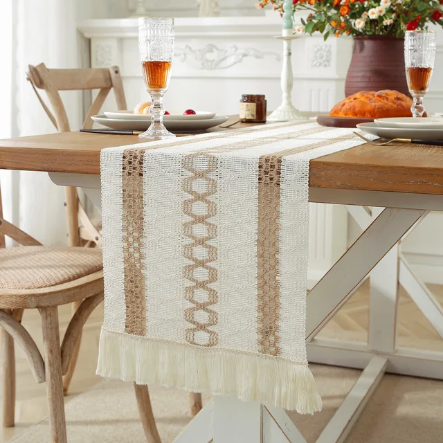🌾 Rustic Boho Farmhouse Table Runner with Macrame Tassels - Premium Linen & Cotton Blend