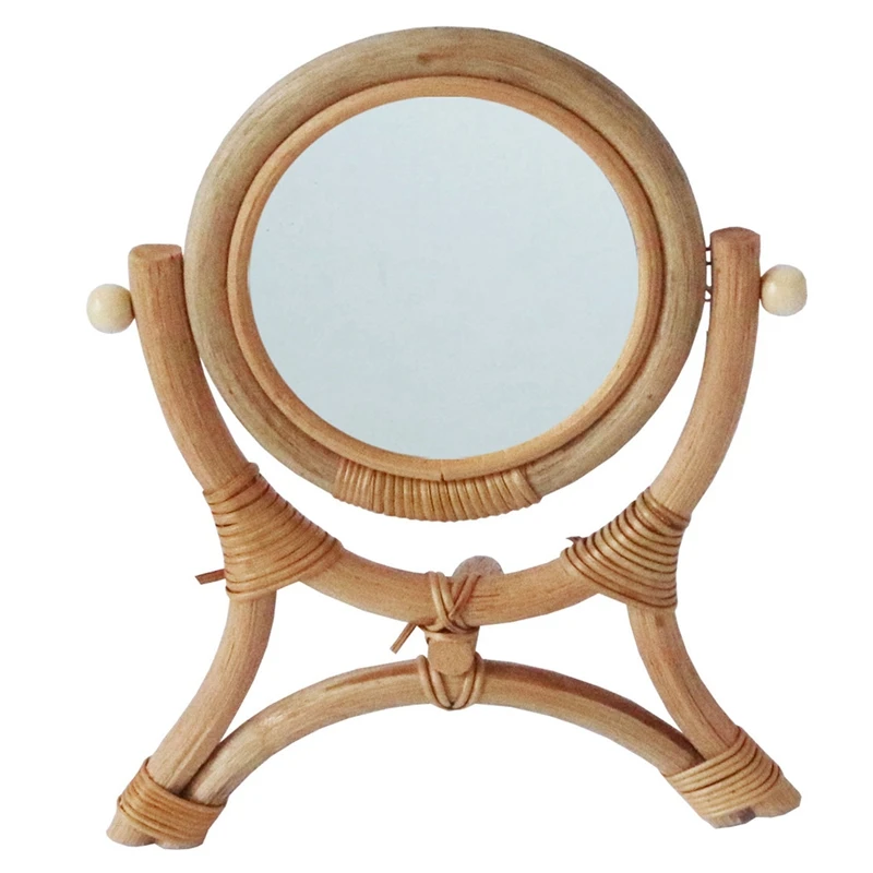 

Плетеное вручную настольное зеркало для макияжа с подставкой натуральный ротанговый туалетный Ретро настольное зеркало вертикальный Круглый откидной ручной работы