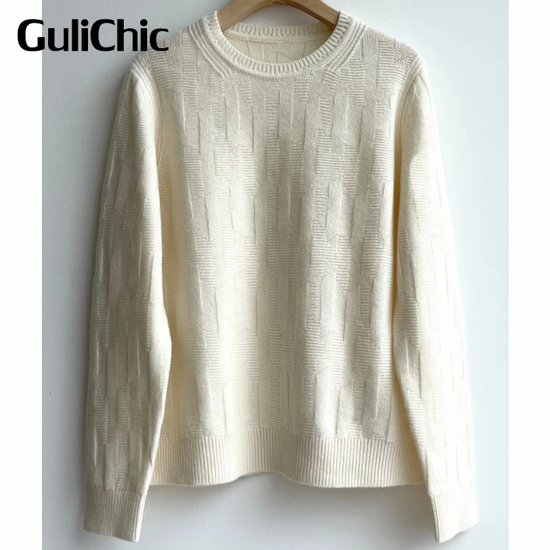 

12.1 GuliChic Cashmere Sweater Women Casual Round Neck Jacquard Long Sleeve Knitted Pullover Top